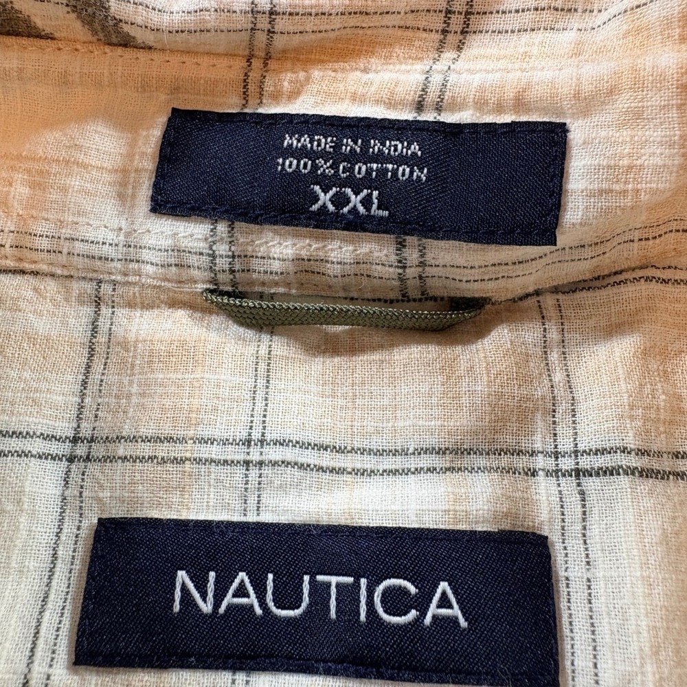 Nautica Button‎ Down Shirt Mens XXL Beige Plaid Botanical Cotton Short Sleeve - Picture 4 of 8